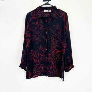 Chico’s 100% Silk Black and Red Floral Bamboo Button Front Blouse Size 1 US Sz M